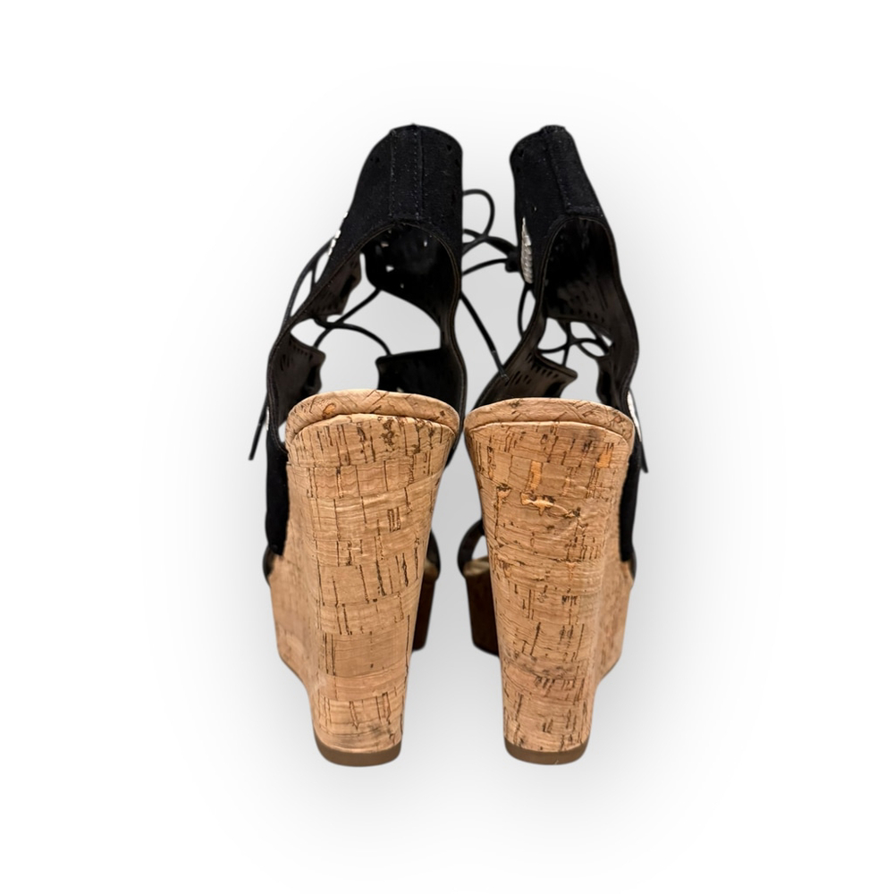 Marc Fisher Womens Hosana Wedge Sandals Black Suede Cork Platform Gladiator Sz 8 - Picture 5 of 8